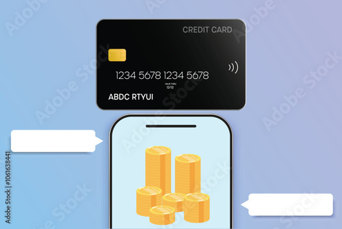 Digital payment illustration showing a credit card above a smartphone screen with stacked coins, symbolizing online transactions and financial transfers.