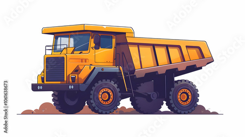 Yellow dump truck driving on dirt road. photo