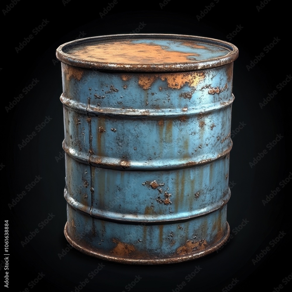 Weathered and Rusted Industrial Oil Drum on Black Background Weathered and Rusted Industrial Oil Drum on Black Background