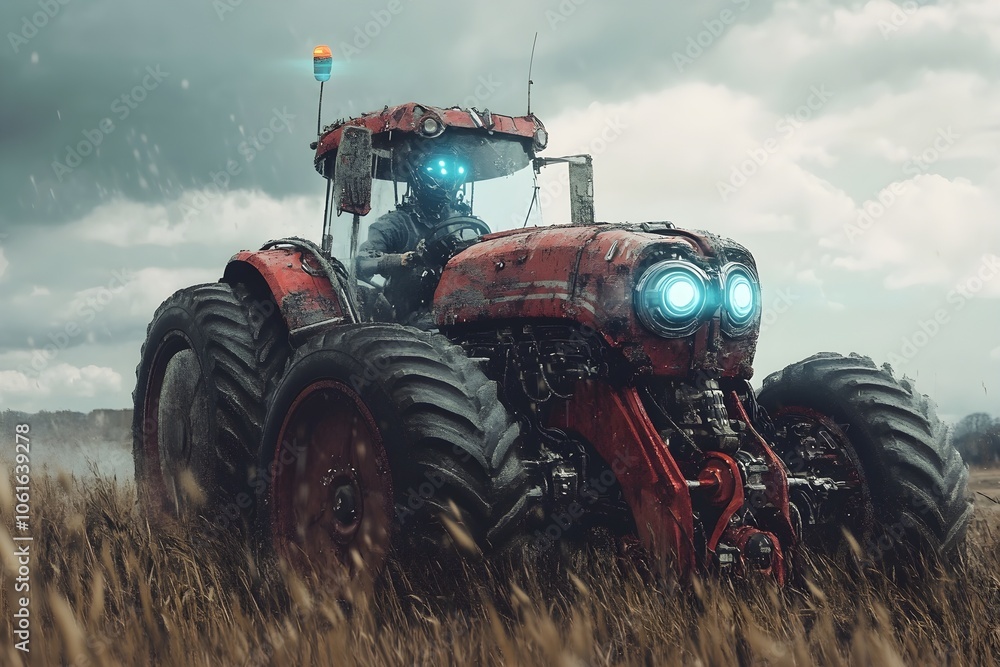 Futuristic image of a farmer with robotic eyes walking on a tractor. Generative AI.