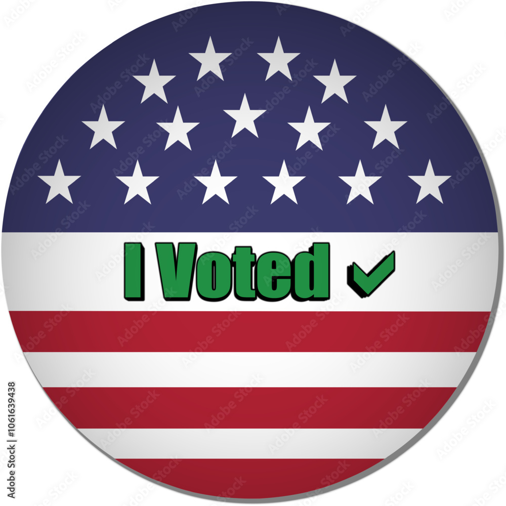 Circle shaped pin with text I voted and check mark sign with design of United States of America design background. Illustration made November 3rd, 2024, Zurich, Switzerland. Circle shaped pin with text I voted and check mark sign with design of United States of America design background. Illustration made November 3rd, 2024, Zurich, Switzerland.