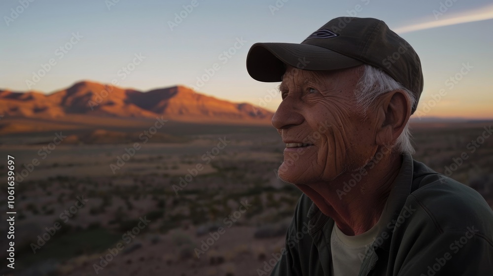 An elderly man smiling warmly while gazing at a sunlit mountain range, reflecting a moment of contemplation and appreciation for nature's beauty. An elderly man smiling warmly while gazing at a sunlit mountain range, reflecting a moment of contemplation and appreciation for nature's beauty.