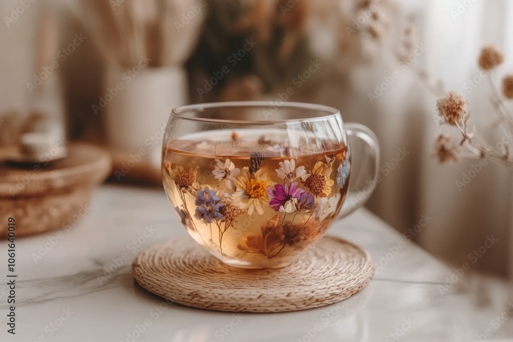 herbal tea aesthetic, a clear cup of herbal tea with dried flowers on a white marble countertop amidst minimalist decor exudes a calm, peaceful atmosphere herbal tea aesthetic, a clear cup of herbal tea with dried flowers on a white marble countertop amidst minimalist decor exudes a calm, peaceful atmosphere