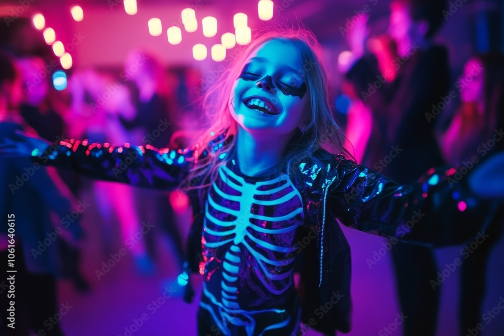 A happy little girl in a skeleton costume dances at a Halloween party, radiating joy and excitement. The vibrant lighting creates a festive atmosphere. A happy little girl in a skeleton costume dances at a Halloween party, radiating joy and excitement. The vibrant lighting creates a festive atmosphere.