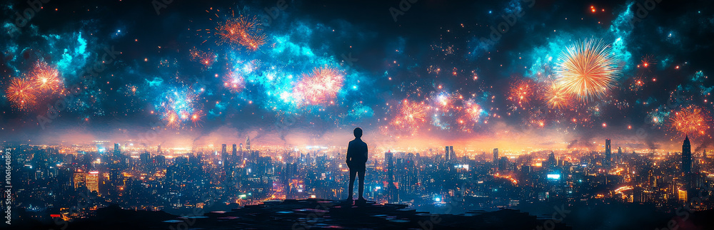 A lone man stands on a rooftop overlooking a cityscape illuminated by dazzling fireworks. He is surrounded by a vibrant display of lights and colors, creating a sense of awe and wonder. The image evok A lone man stands on a rooftop overlooking a cityscape illuminated by dazzling fireworks. He is surrounded by a vibrant display of lights and colors, creating a sense of awe and wonder. The image evok