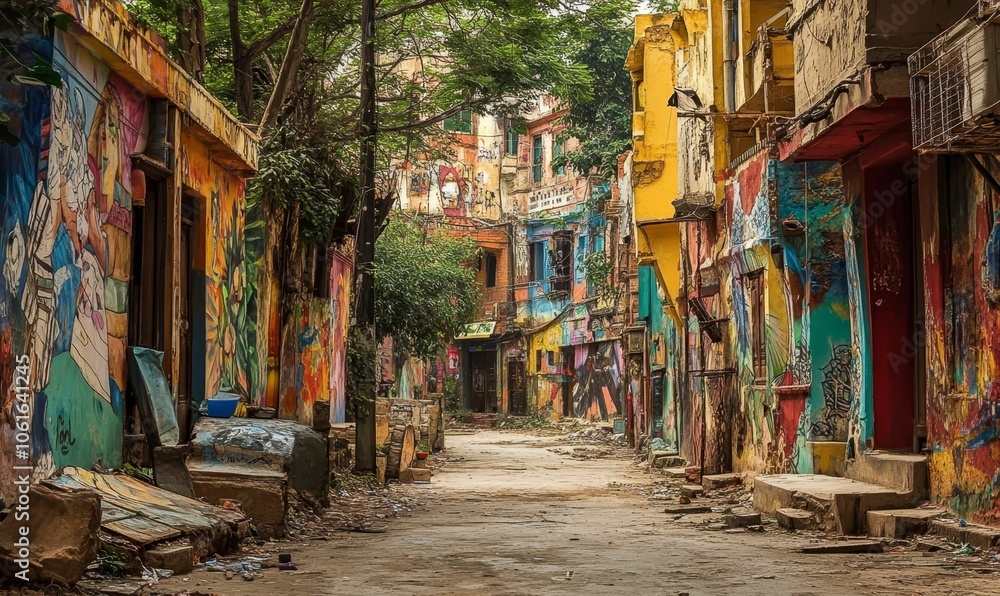Fototapeta premium Colorful, graffiti-covered alleyway in an urban setting.