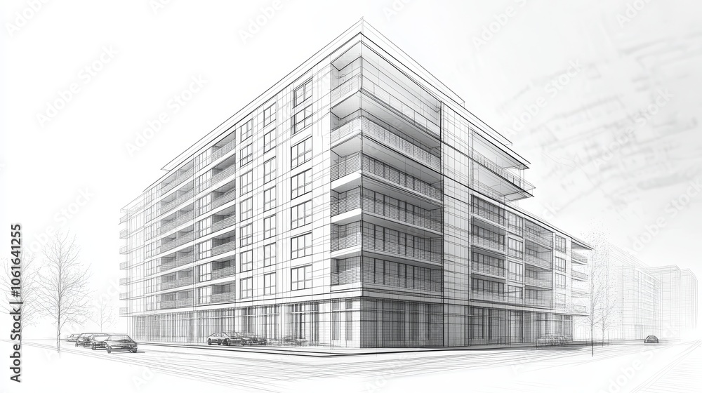 Fototapeta premium Architectural blueprint design of a modern multi-story building with sleek lines, large windows, and balconies, symbolizing urban living, contemporary architecture, construction planning, real estate 