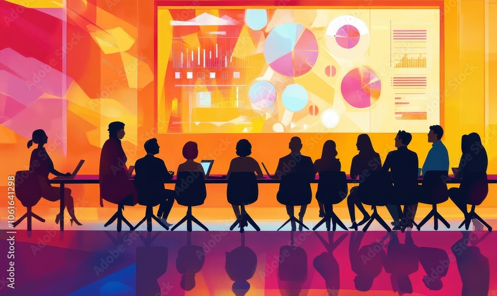 Silhouettes of people at a meeting with graphs. Silhouettes of people at a meeting with graphs.