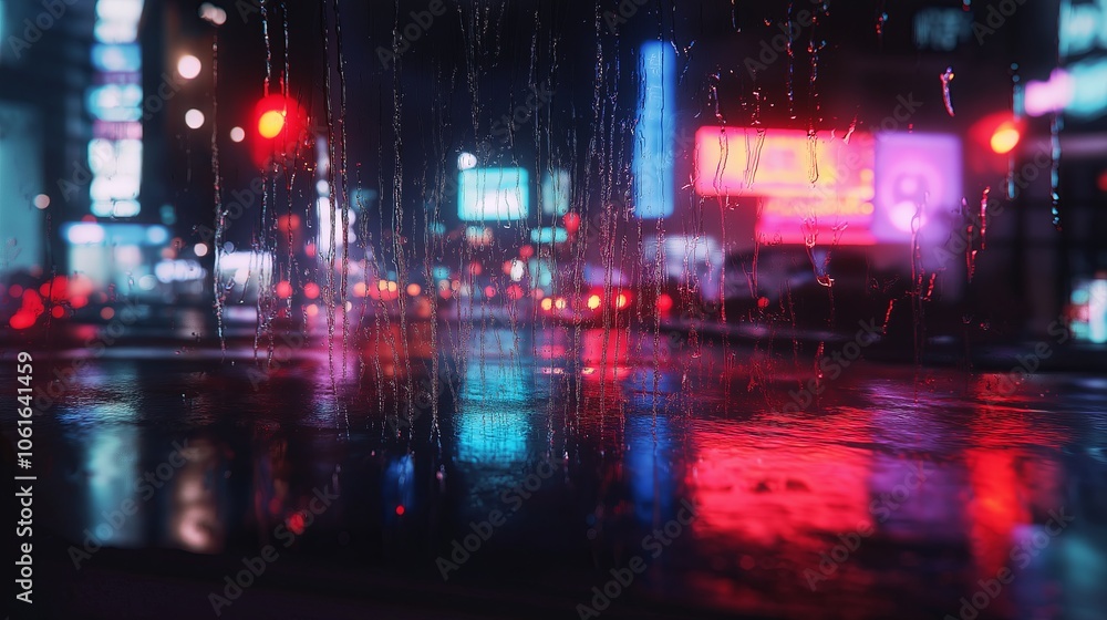 Obraz premium A cityscape viewed through a rain-soaked window, with lights blurred for a dreamy effect
