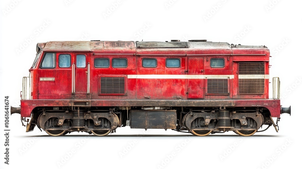 A red diesel locomotive isolated on a white background, symbolizing power, transportation, industry, nostalgia, and engineering. A red diesel locomotive isolated on a white background, symbolizing power, transportation, industry, nostalgia, and engineering.