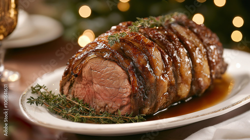 Perfekt gebratener, saftiger Thanksgiving Braten mit knuspriger Haut, garniert mit Kräutern. Festliches Familienessen photo