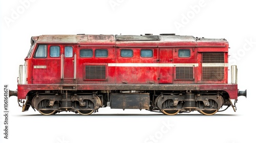 A red diesel locomotive isolated on a white background, symbolizing power, transportation, industry, nostalgia, and engineering.