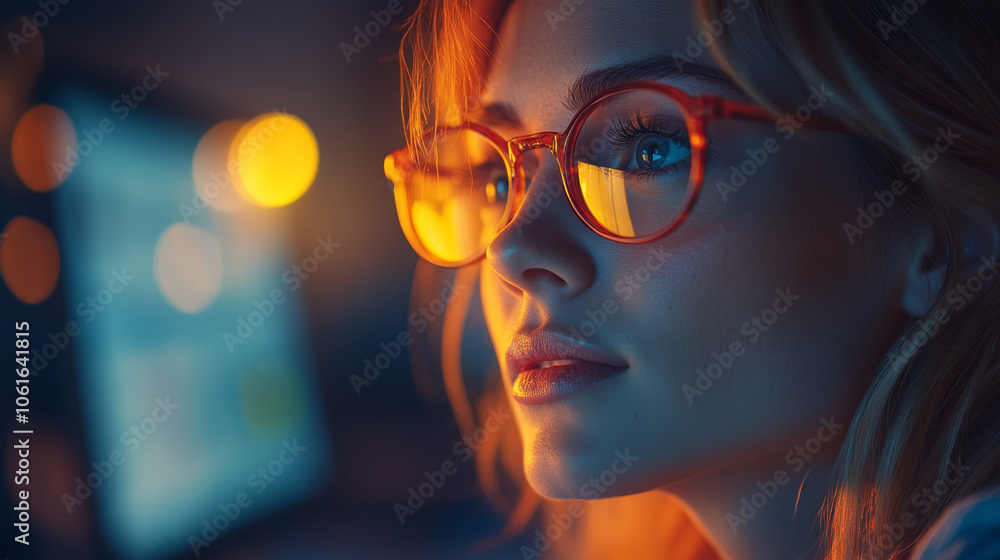 Close up of woman with glasses, illuminated by warm light, showcasing focus and contemplation in modern workspace. soft glow enhances her features Close up of woman with glasses, illuminated by warm light, showcasing focus and contemplation in modern workspace. soft glow enhances her features