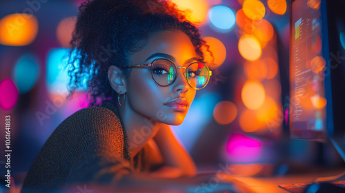 woman with curly hair and glasses working on computer in vibrant, colorful office setting. warm bokeh lights create lively atmosphere