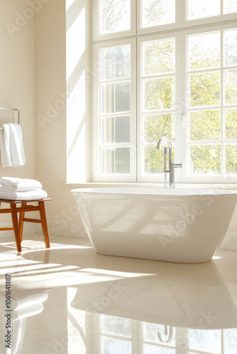 A bright and airy bathroom featuring modern freestanding bathtub, large windows allowing natural light, and stylish wooden chair with neatly folded towels. serene atmosphere invites relaxation