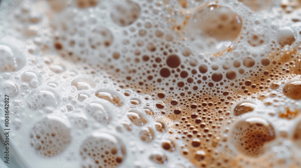 Close-up of frothy coffee bubbles creating an abstract and mesmerizing pattern in rich shades of coffee and cream. Close-up of frothy coffee bubbles creating an abstract and mesmerizing pattern in rich shades of coffee and cream.