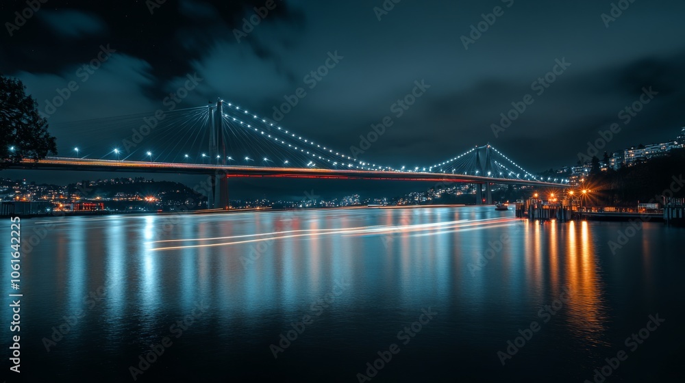 Fototapeta premium Suspension Bridge at Night with Reflections.