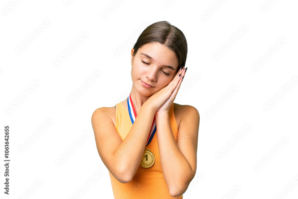 Teenager caucasian girl with medals over isolated background making sleep gesture in dorable expression Teenager caucasian girl with medals over isolated background making sleep gesture in dorable expression