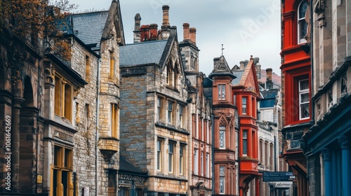 A captivating view of historic buildings in St. Fagans, Wales. The image captures the architectural beauty of the area, showcasing the intricate details of the buildings and the vibrant colors of the  photo