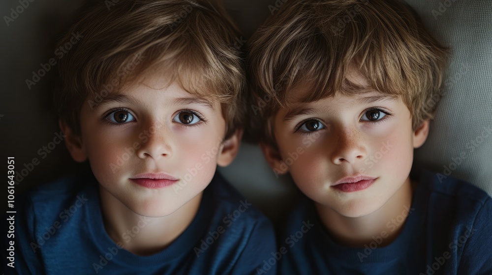 Two young twin boys with light brown hair and dark eyes share a curious gaze, capturing a moment of shared wonder and childhood innocence. Two young twin boys with light brown hair and dark eyes share a curious gaze, capturing a moment of shared wonder and childhood innocence.
