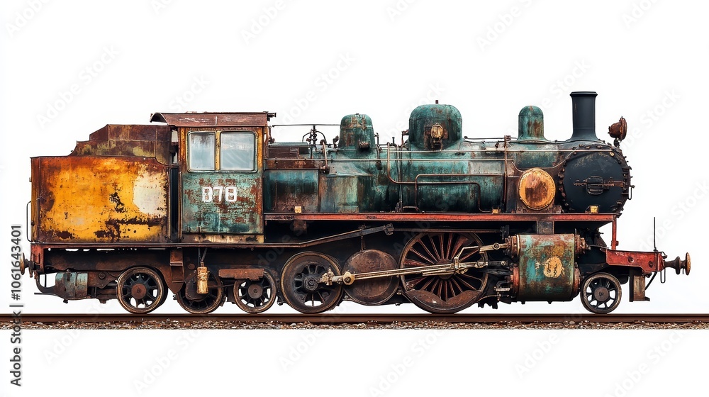 Naklejka premium A vintage steam locomotive with rust and patina, isolated on a white background. This image embodies nostalgia, industrial history, and the power of steam engines.