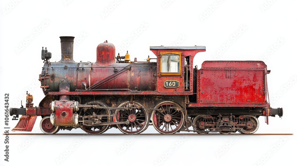 Obraz premium Vintage red steam locomotive isolated on a white background, showcasing its classic design, powerful engine, and weathered details. It symbolizes transportation, industry, history, adventure, and nost