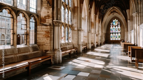 Sunlight streams through the stained glass of a cathedral, casting vibrant reflections on the stone floor of the hallowed space.