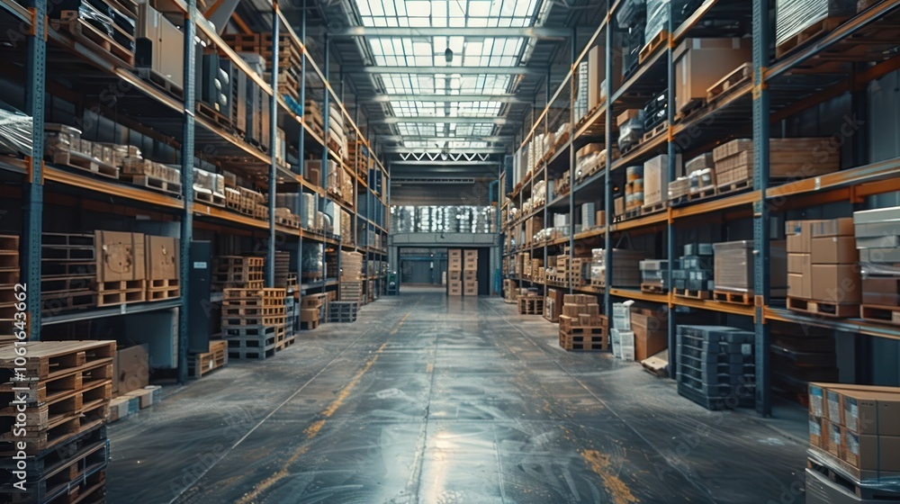 Spacious and modern warehouse interior with orderly rows of metal shelves and stacked cardboard boxes for efficient storage shipping Spacious and modern warehouse interior with orderly rows of metal shelves and stacked cardboard boxes for efficient storage shipping