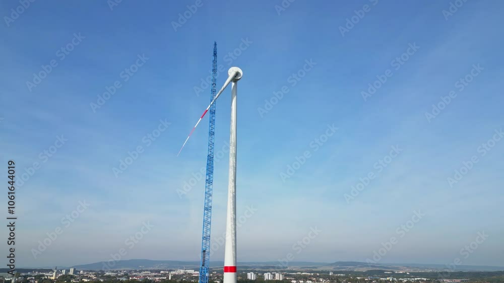 Wind power plant under construction. Aerial view of wind energy construction site on agricultural farmland. Wind power plant under construction. Aerial view of wind energy construction site on agricultural farmland.