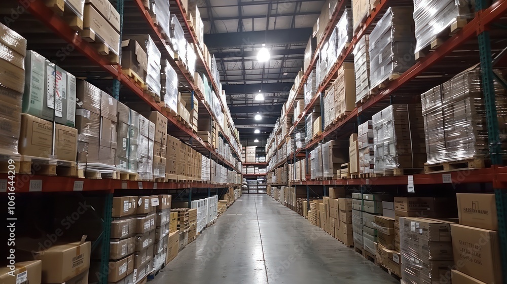 Organized and efficient warehouse interior with stacked shelving units cargo boxes and lighting for effective logistics transportation and distribution of goods and supplies Organized and efficient warehouse interior with stacked shelving units cargo boxes and lighting for effective logistics transportation and distribution of goods and supplies