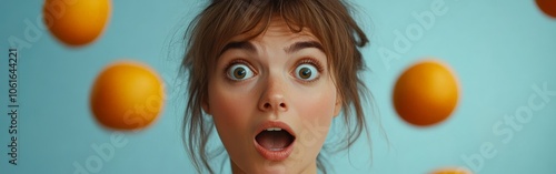 Shocked woman surprised by an unbelievable sale on an orange background