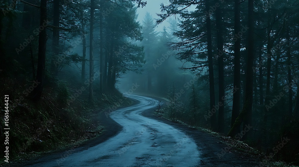 Obraz premium Winding road through the misty forest a serene