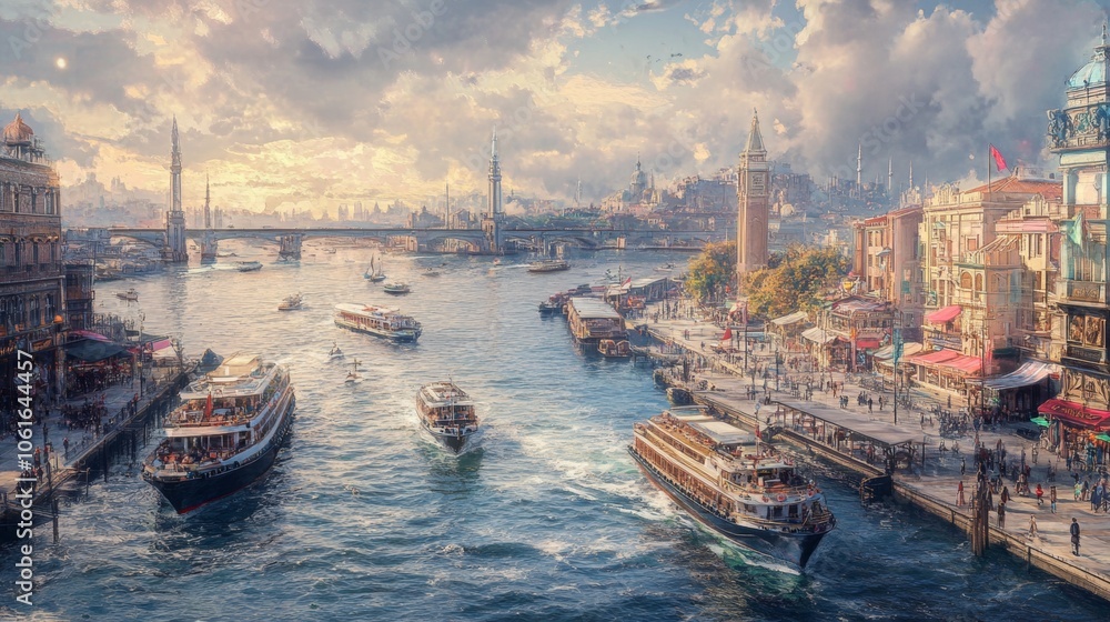 Naklejka premium Cityscape with Boats on a Canal.