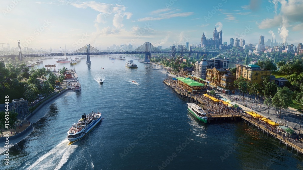 Fototapeta premium Cityscape with River, Bridge, and Boats.