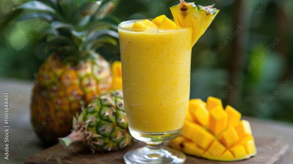 A glass of creamy mango smoothie with diced mangoes on top, with fresh mango slices and pineapple in the background. Concept of healthy tropical drink. A glass of creamy mango smoothie with diced mangoes on top, with fresh mango slices and pineapple in the background. Concept of healthy tropical drink.