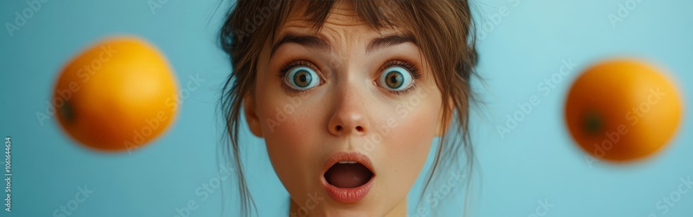 Shocked woman surprised by an unbelievable sale on an orange background Shocked woman surprised by an unbelievable sale on an orange background