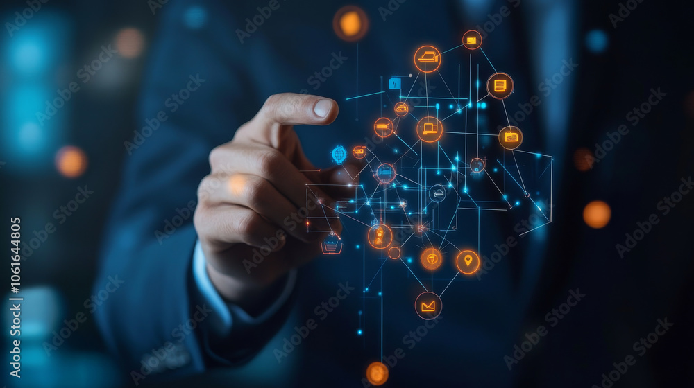 A businessman interacts with digital interface, showcasing various icons representing technology and communication. scene conveys innovation and connectivity in modern workspace A businessman interacts with digital interface, showcasing various icons representing technology and communication. scene conveys innovation and connectivity in modern workspace