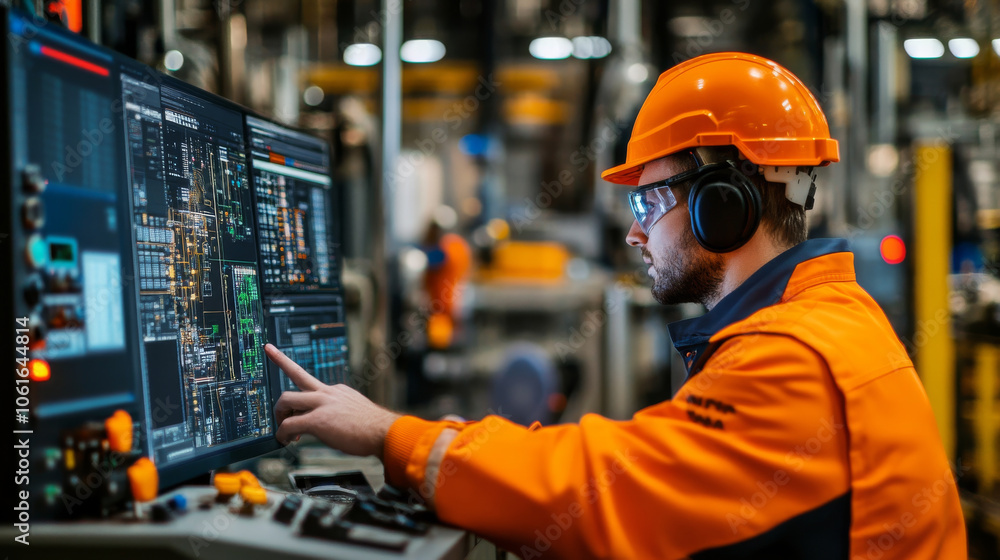 A focused technician in an orange safety uniform operates advanced machinery, analyzing data on large screen in modern industrial setting A focused technician in an orange safety uniform operates advanced machinery, analyzing data on large screen in modern industrial setting