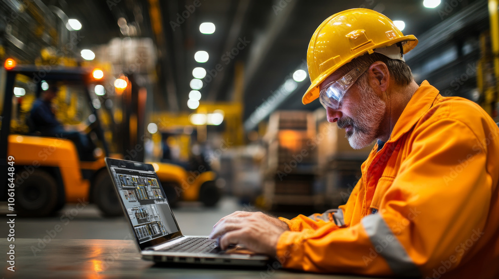 A focused worker in an orange safety jacket and hard hat uses laptop in busy warehouse. environment is filled with industrial equipment, showcasing blend of technology and manual labor A focused worker in an orange safety jacket and hard hat uses laptop in busy warehouse. environment is filled with industrial equipment, showcasing blend of technology and manual labor
