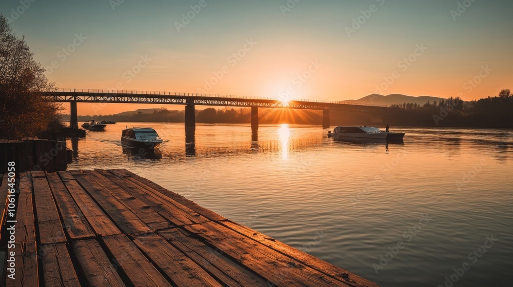 Sunset Over River With Bridge and Boats. Sunset Over River With Bridge and Boats.