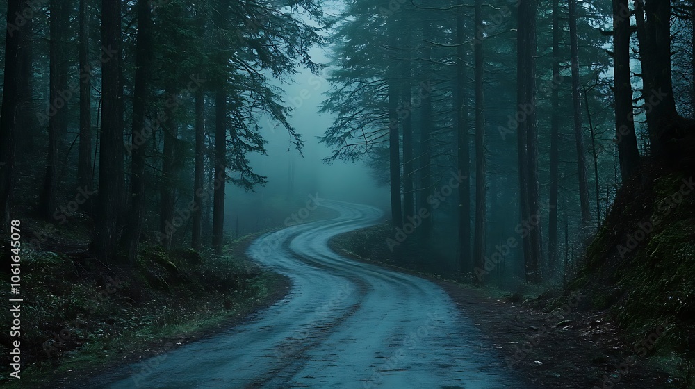 Fototapeta premium Winding road through the misty forest a serene