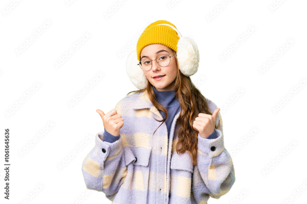 Teenager girl wearing winter muffs over isolated chroma key background with thumbs up gesture and smiling Teenager girl wearing winter muffs over isolated chroma key background with thumbs up gesture and smiling