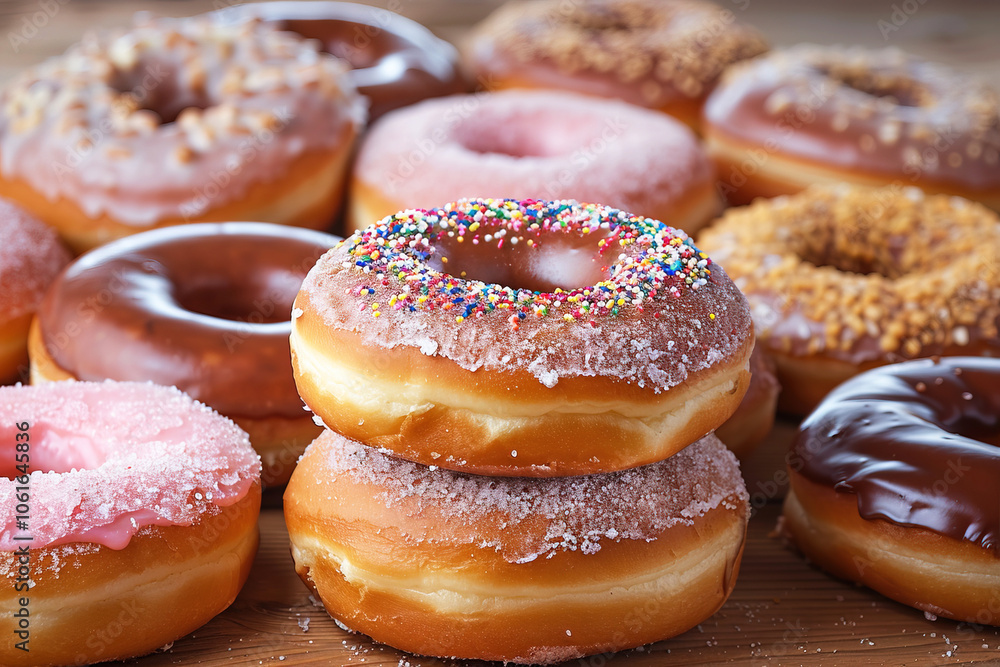 Donuts are a group of different colors and flavors, lying in a row, sprinkled with powdered sugar and caramel. Donuts are a group of different colors and flavors, lying in a row, sprinkled with powdered sugar and caramel.