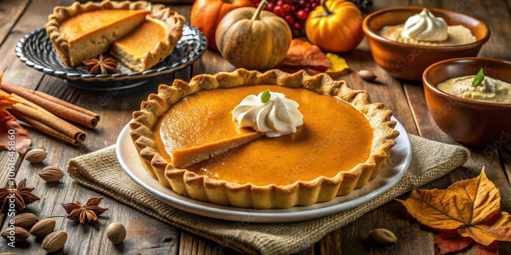 A freshly baked pumpkin pie with a flaky crust, topped with whipped cream and a slice of pie, nestled amongst autumn leaves and spices on a rustic wooden table. A freshly baked pumpkin pie with a flaky crust, topped with whipped cream and a slice of pie, nestled amongst autumn leaves and spices on a rustic wooden table.
