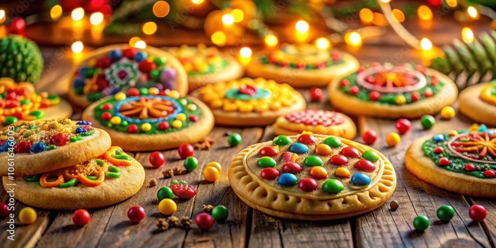 Festive cookies with colorful candies and sprinkles on a rustic wooden table with warm lights in the background Festive cookies with colorful candies and sprinkles on a rustic wooden table with warm lights in the background