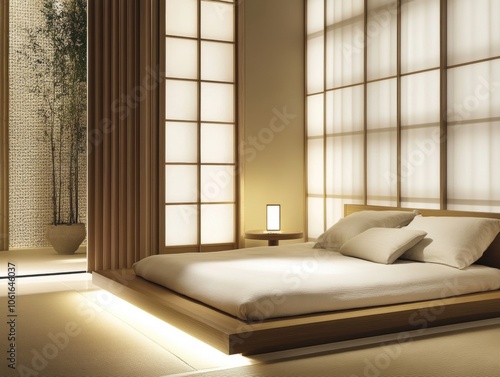 Minimalist Japanese Bedroom with Shoji Screen and Futon Bed.