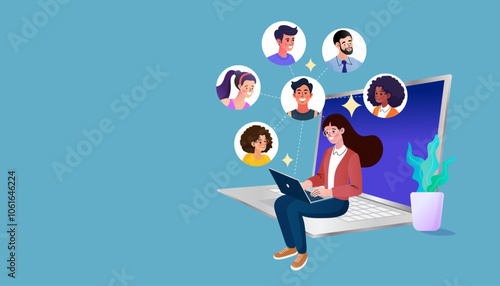 A woman on a laptop communicates with her team. This illustration shows a virtual conference with diverse colleagues, perfect for articles on remote work and global collaboration.