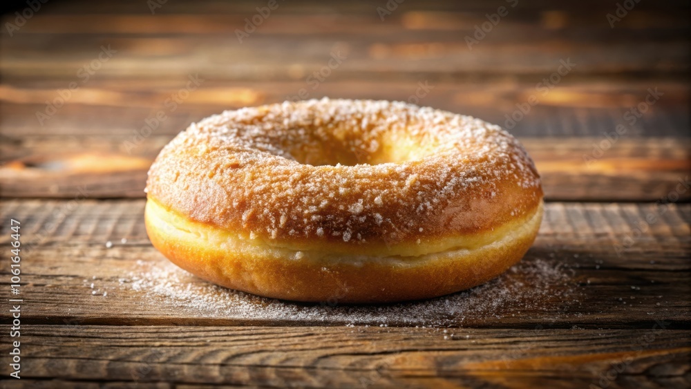 A freshly baked, golden-brown donut dusted with powdered sugar, resting on a rustic wooden table, showcasing the simple yet delightful pleasures of a sweet treat. A freshly baked, golden-brown donut dusted with powdered sugar, resting on a rustic wooden table, showcasing the simple yet delightful pleasures of a sweet treat.
