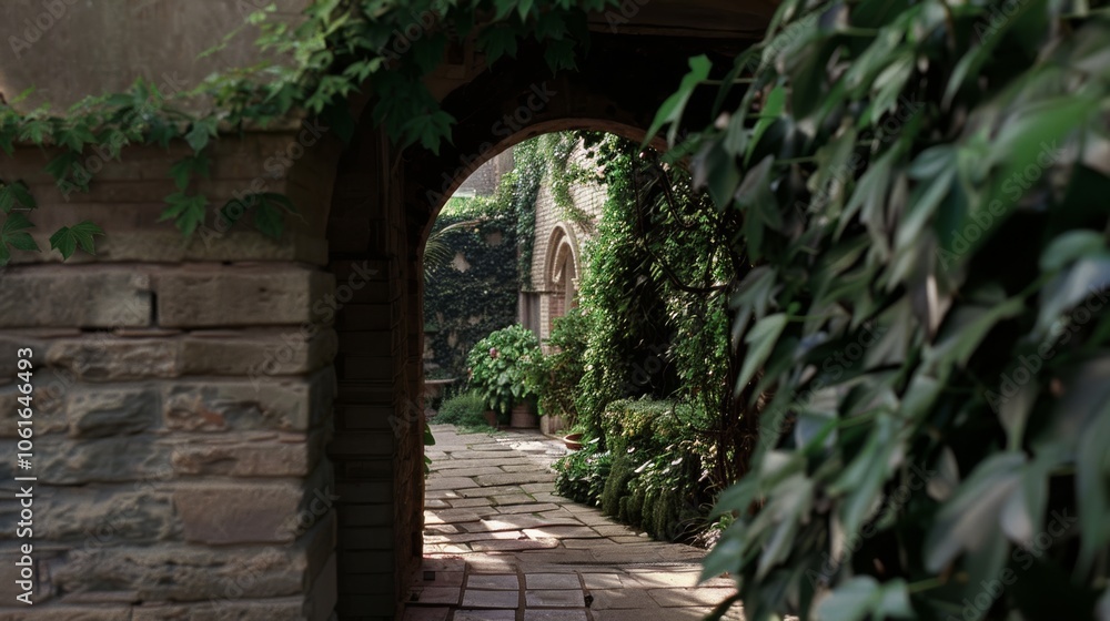 Obraz premium A peaceful garden courtyard, drenched in greenery, invites exploration through a stone archway illuminated by gentle sunlight.
