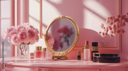 Pink and Gold Vanity with Flowers and Makeup.